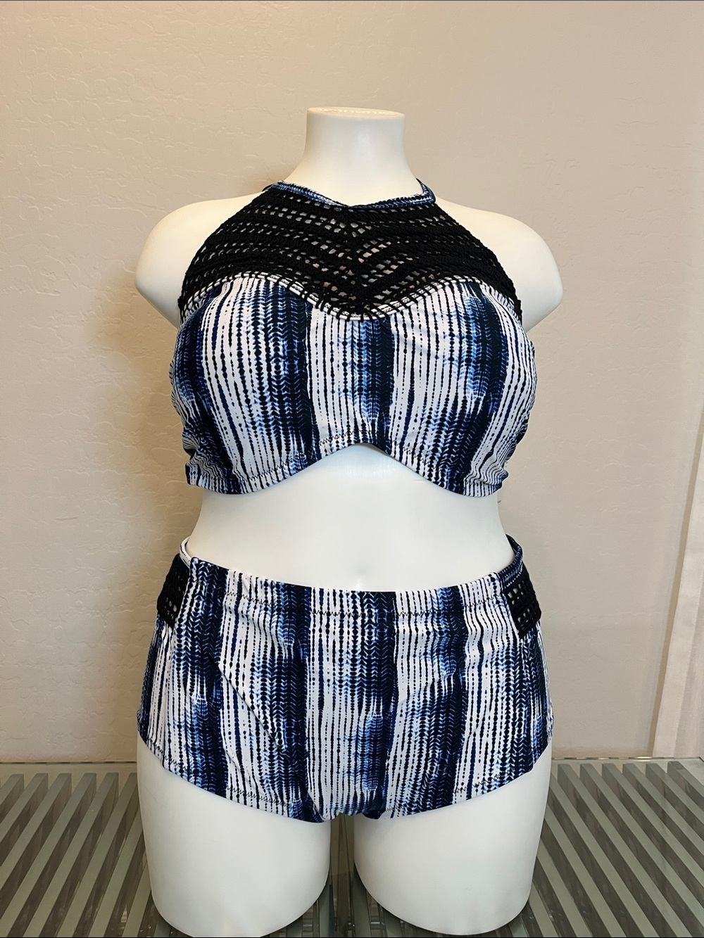 Raisins Navy & White Crochet-Trim Halter Crop Top